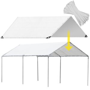 12x20 ft carport canopy replacement cover for canopy tent car tent garage shelter top tarp white portable carport with 120lbs tensile strength ties (only top cover, frame is not included)