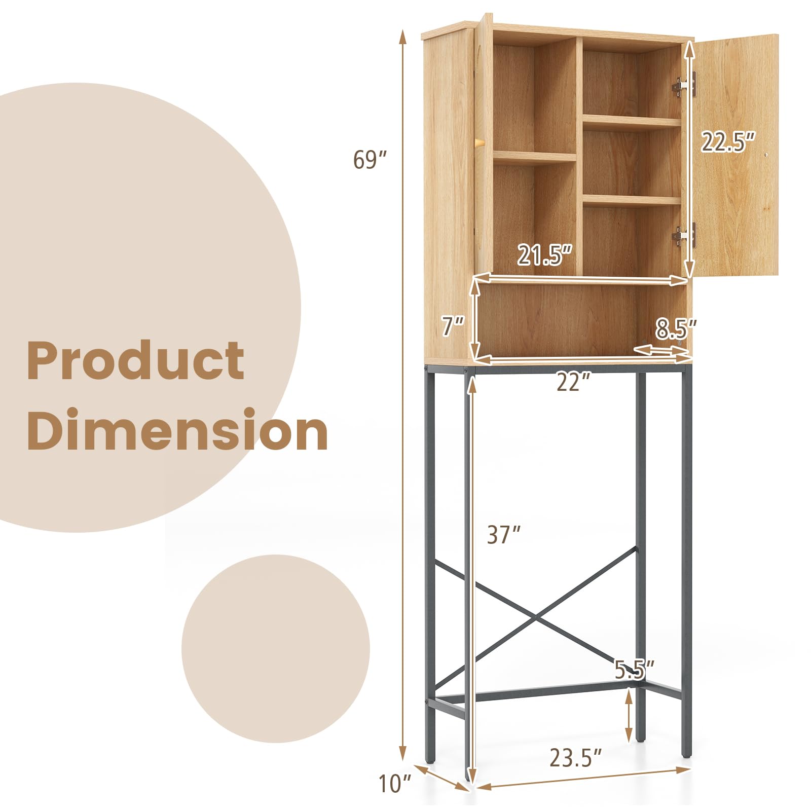 Giantex Over The Toilet Storage Cabinet - 69" Over Toilet Bathroom Organizer with Rattan Doors, 5 Compartments & Adjustable Foot Pads, Farmhouse Space Saver Storage Rack for Restroom, Laundry Room