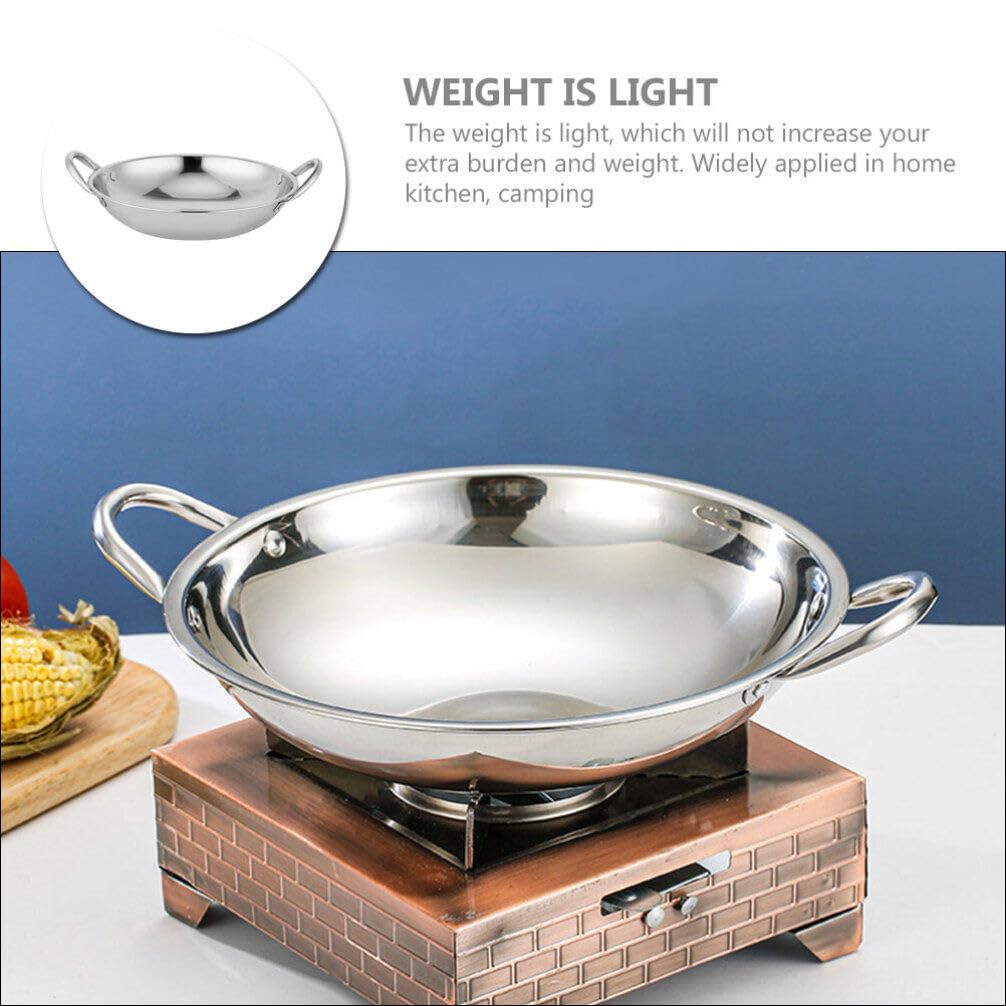 STOBAZA Stainless Steel Wok Pan: Stir Fry Pans Paella Pan Double Handle Cooking Pan Round Bottom Frying Pan Stew Pot Skillet Works Casserole Pots for Home Kitchen