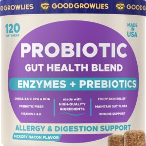 GOODGROWLIES Probiotics for Dogs + Digestive Enzymes - Omega & Pumpkin - Gut Health & Immunity Support - Relieves Diarrhea, Gas, Constipation, Improve Digestion - Made in USA - 120 ct - Beef Bacon