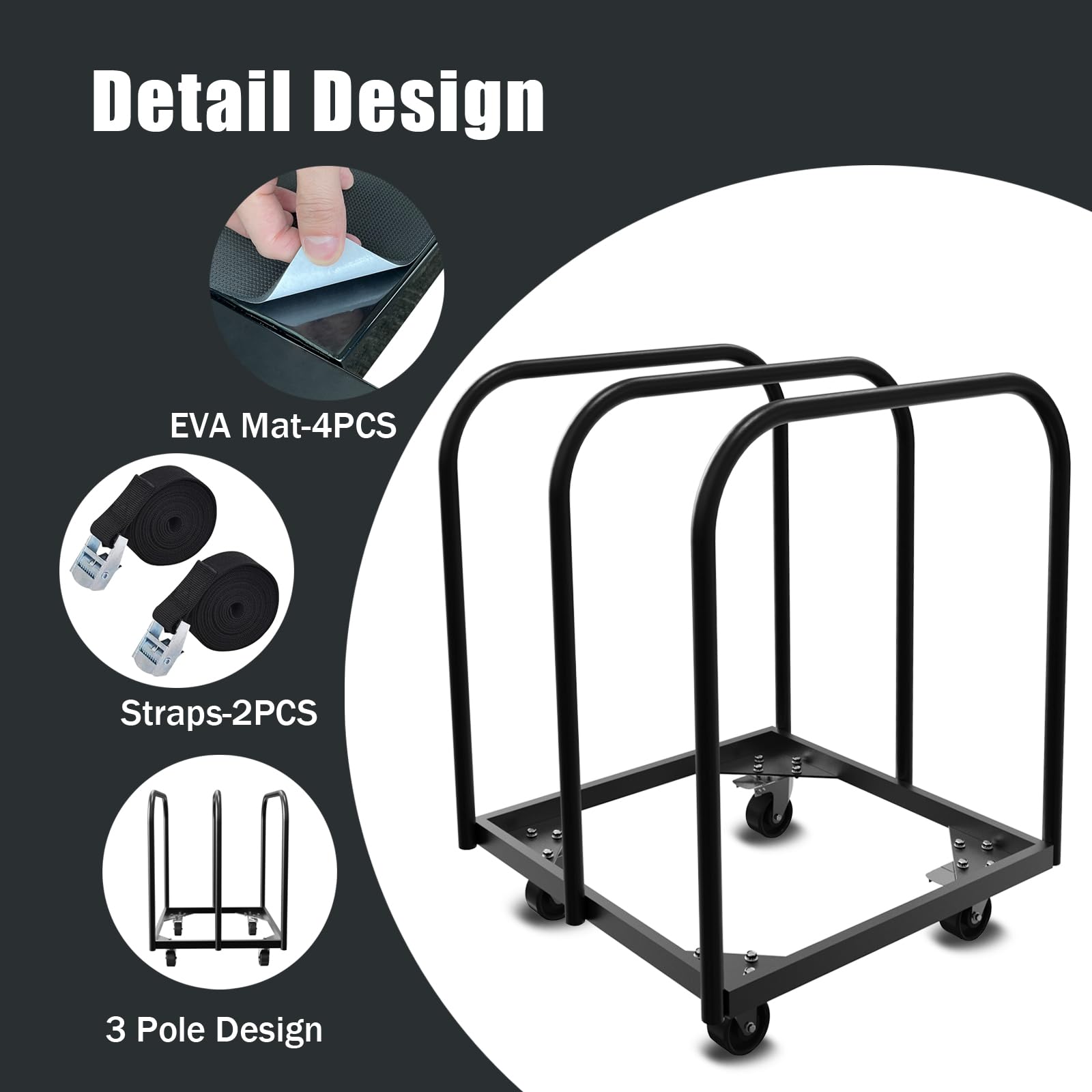 FAUENPEEY Folding Table Cart, 3 Pole Panel Cart With 4Inch Swivel Caster 8PCS Folding Table Storage Capacity Table Dolly With Gift-2PCS Straps And 4PCS EVA Mat To Store And Move Lumber,Box Etc.