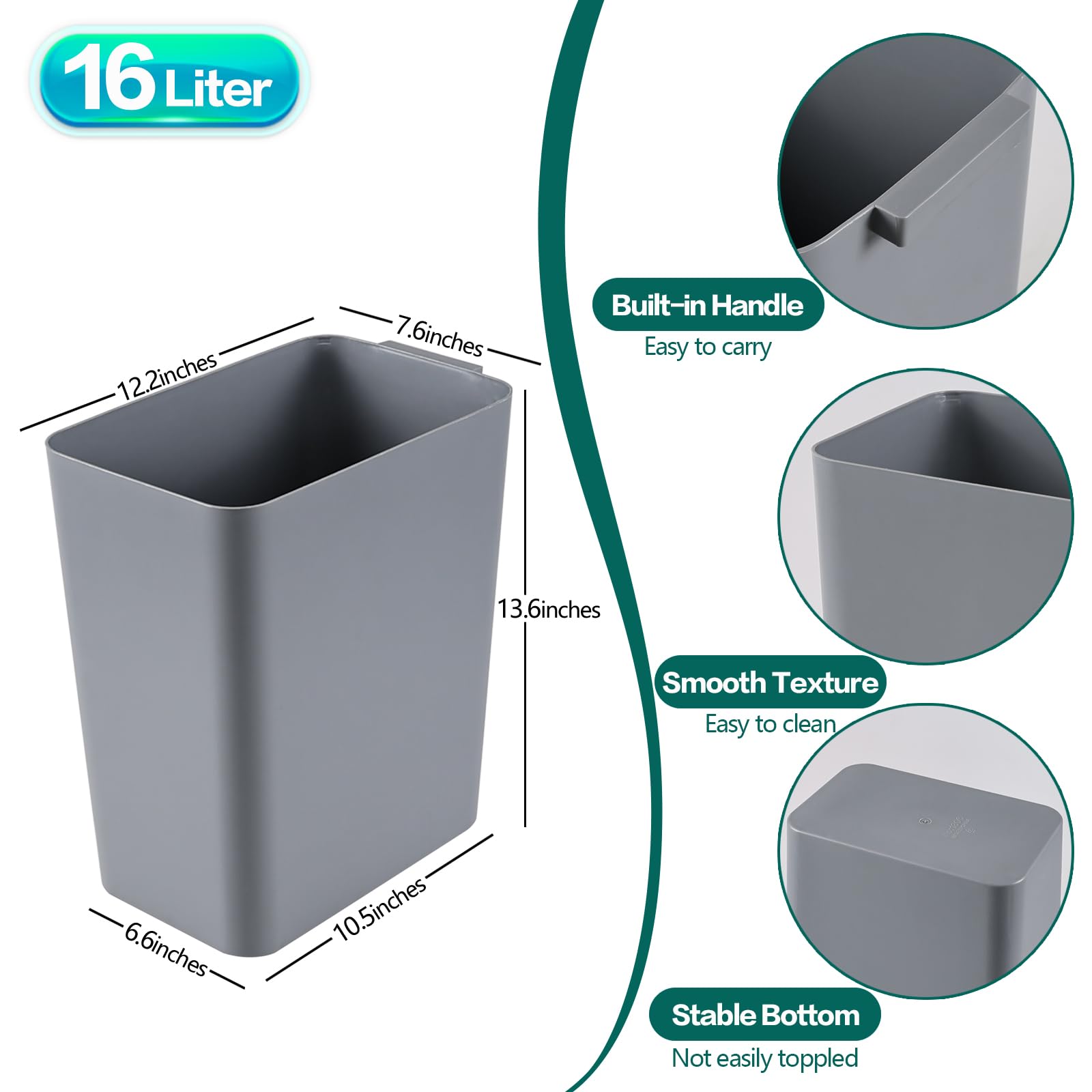 Gloreen 16 Liter Plastic Rectangle Trash Bins, 3 Pack Garbage Cans for Home, Office, Dormitory, Grey