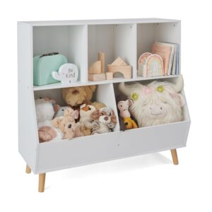 badger basket kid's bookshelf and toy organizer, 5-bin wooden toy storage with feet - fresh white