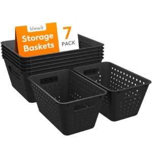 lifewit plastic storage basket, 7 pack stackable storage bins for organizing, multi size open containers for shelving, pantry, office and cabinet, 5 large and 2 small size, black