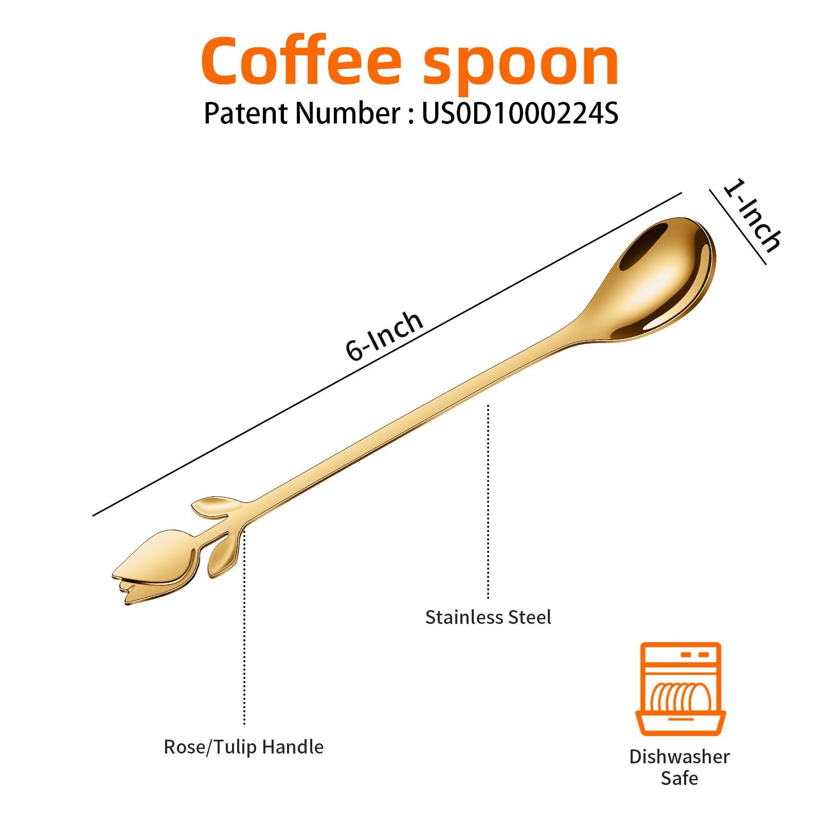 SGVRPVZ Gold Tulip/Rose Handle Tea Spoons 6-Pcs Set - 6" Stainless Steel for Mini Coffee Spoons, Espresso, Dessert - Ideal for Demitasse & Small Servings