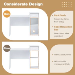 GOFLAME Computer Desk with Drawer, Modern Laptop PC Desk with Adjustable Shelf & Cable Hole, Compact Writing Desk Study Desk with Monitor Stand, Wooden Computer Workstation for Home Office, White