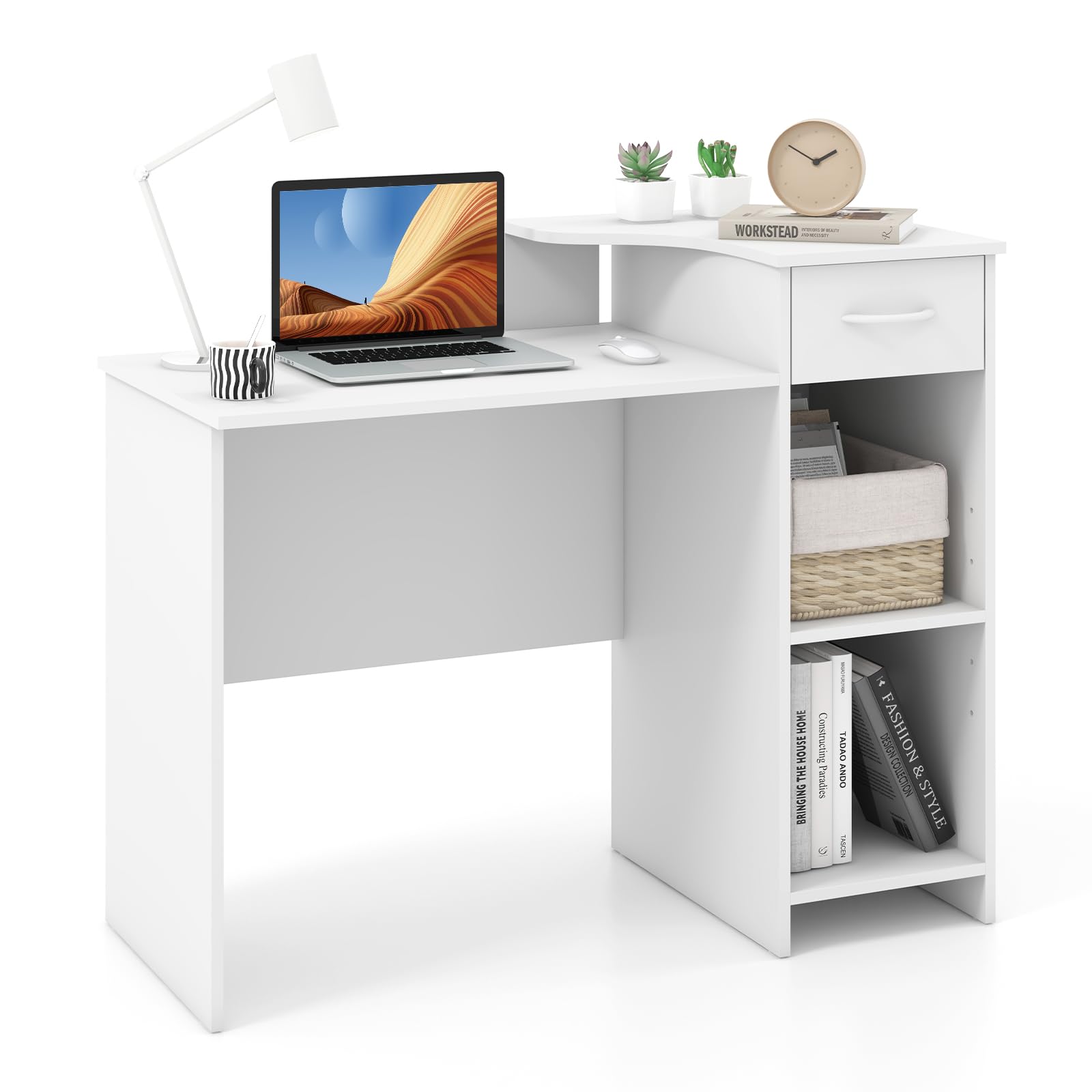 Giantex Computer Desk with Storage, Modern PC Laptop Table with 5-Position Adjustable Shelf, Drawer & Cable Hole, Compact Study Writing Desk Workstation for Small Spaces Home Office, White