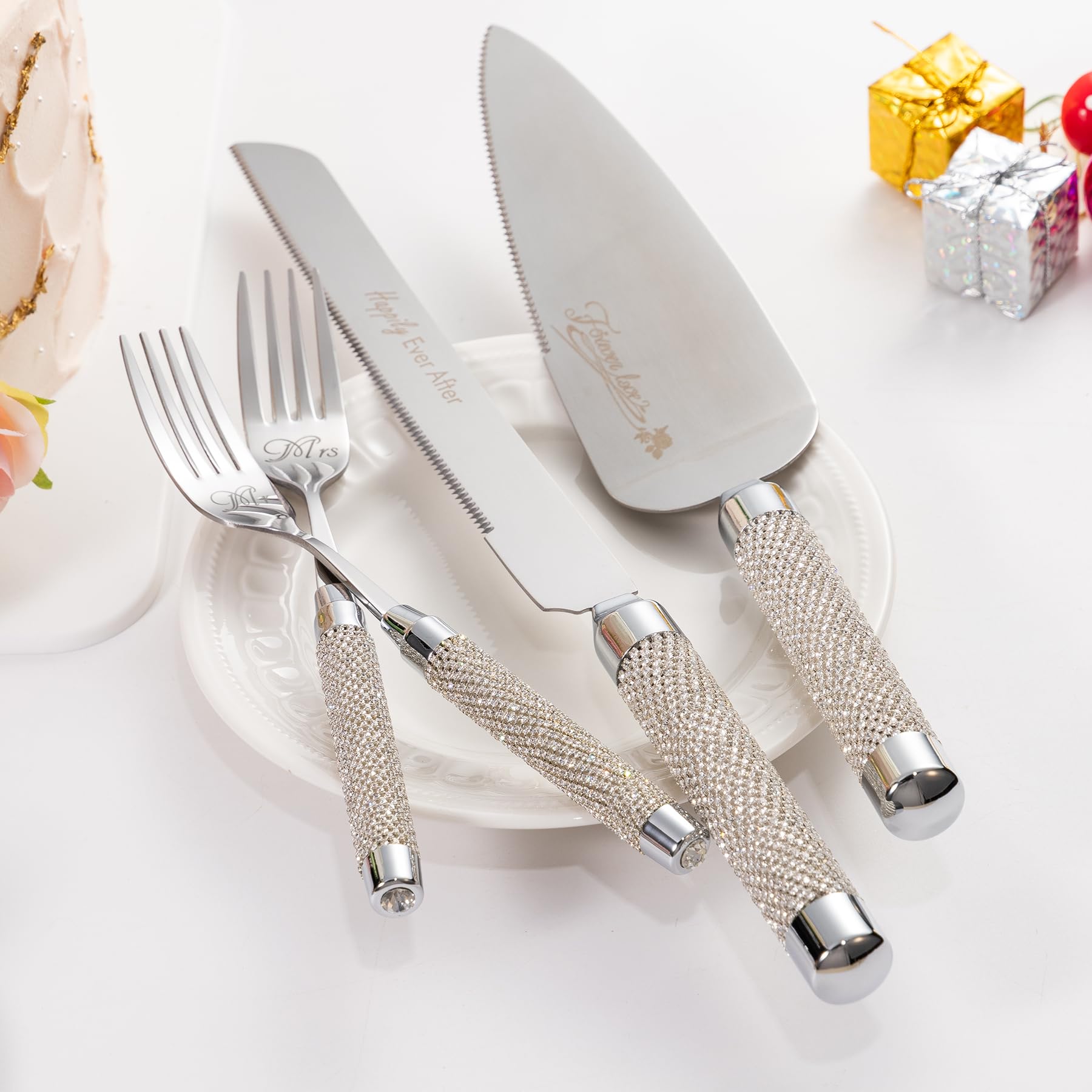 VARLKA Silver Wedding Cake Knife and Server Set, Cake Cutter and Pie Server Set with Fork for Mr Mrs,Cake Cutting Set for Wedding Anniversary Engagement Birthday