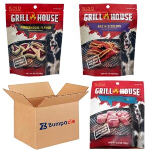 bumpazie grill house bac'n sizzlers dog treats, 4.5 oz. with grill house porterhouse flavor dog treats, 4.5 oz and grill house ribeye flavor dog treats, 4.5 oz.