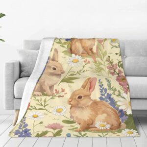 Bunny Blanket for Girls Kids, Flannel Rabbit Blankets Gifts, Floral Daisy Bunny Throw Blanket for Sofa Couch Bed Living Room Soft Warm Cozy Bunny Decor 60" x 50"