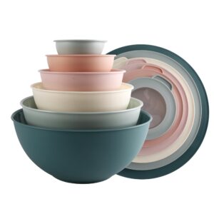 cook with color mixing bowls with tpr lids - 12 piece plastic nesting bowls set includes 6 prep bowls and 6 lids, microwave safe (teal)