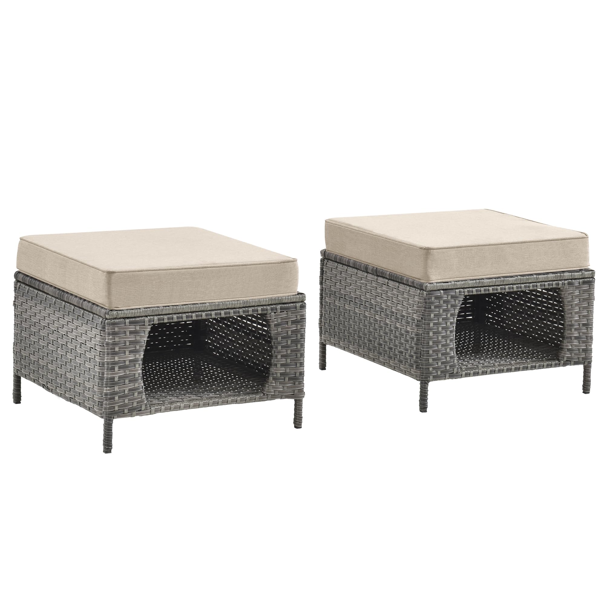 kuurfuurdo 2 Piece Storage Ottomans, Wicker Ottomans Outdoor Furniture for Patio, Backyard, Additional Seating, Footrest, Side Table with Storage, Removable Cushions