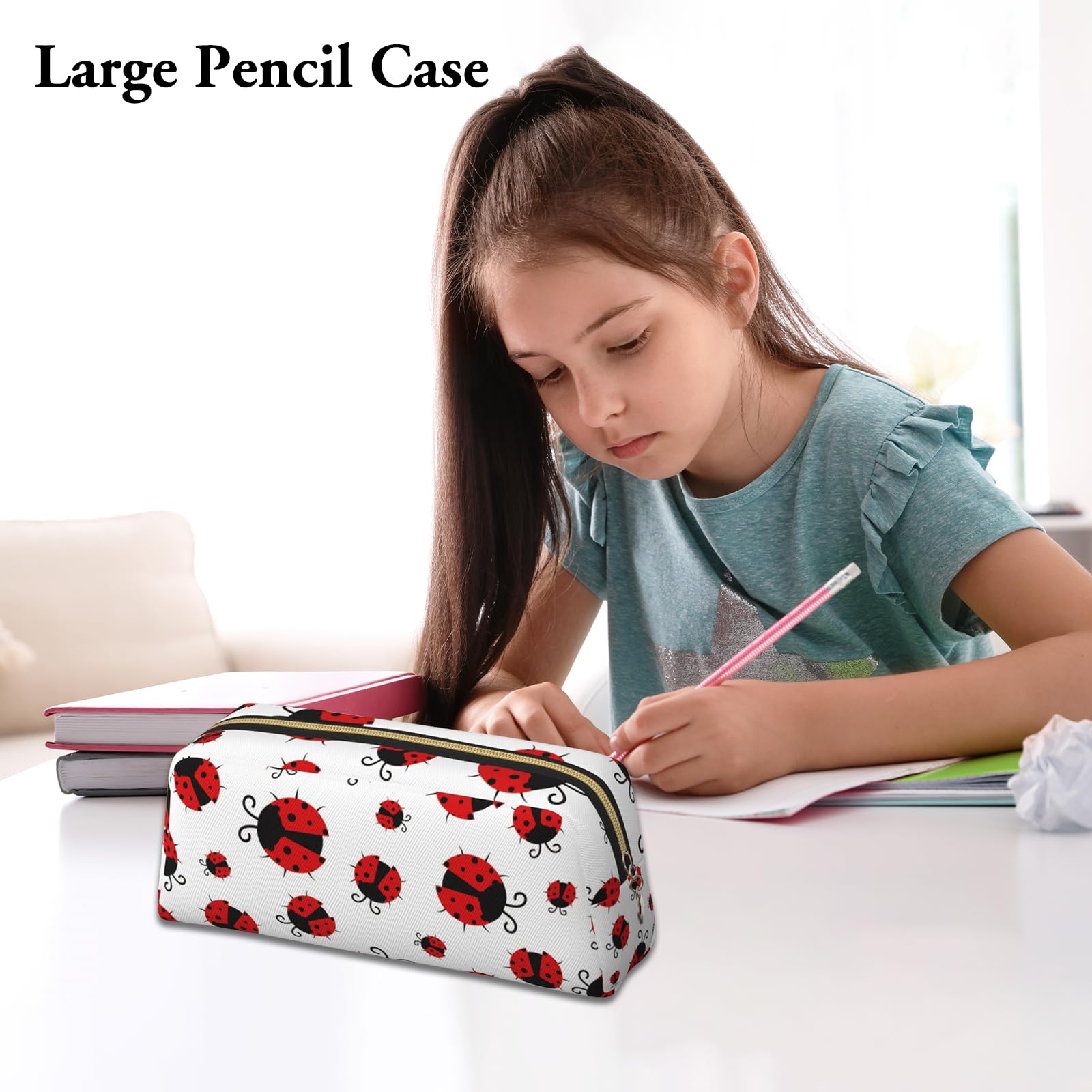 WOBAGMEN Ladybug Pencil Case Cute Leather Zipper Pencil Pouch Pencil Bag Multifunctional Stationery Bag for Boys Girls Women Back to School Gifts