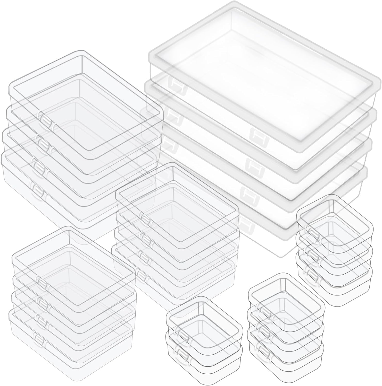 ZWIN 24 Pack Mixed Sizes Rectangular Mini Plastic Containers Clear Plastic Storage Boxes with Hinged Lids 4 Sizes Clear Small Craft Storage Containers for Crafts Bead Small Items