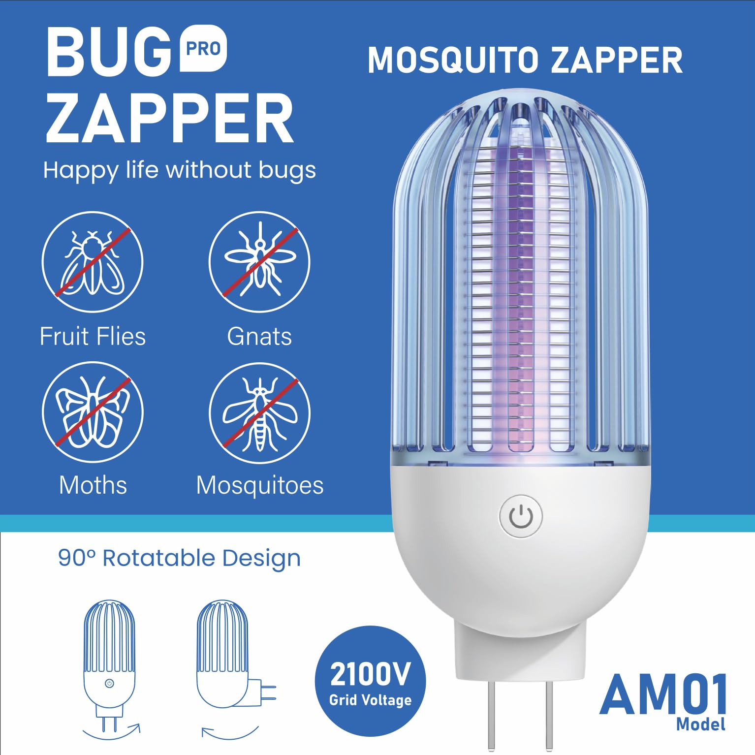 Mosquito Killer Lamp with Rotatable Plug, Electric Indoor Bug Zapper for Home Mosquito Indoor Bug Lights Zappers Electric Bug Zapper 2100V Output, 2-Pack