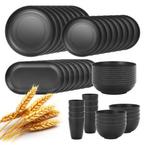 lazycorner 48-pcs kitchen wheat straw dinnerware set, service for 8, plastic reuasble dinner dishes serving plate set for kitchen, including dinner plate, dessert plate, bowl, cup(black)