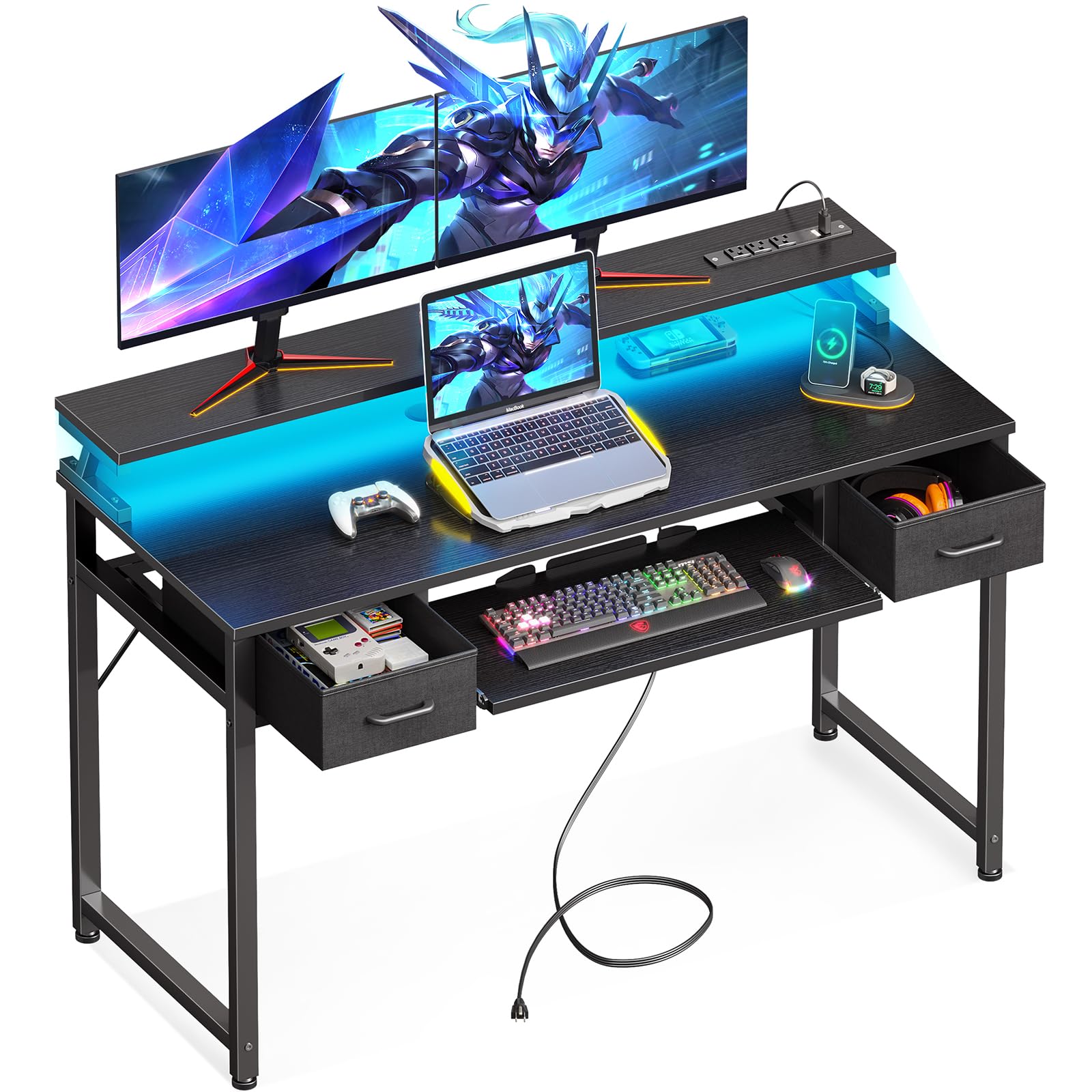 ODK Gaming Desk with Led Lights and Power Outlet, 48 Inch Computer Desk with Drawers and Keyboard Tray, PC Desk with Monitor Stand, Work Desk for Home Office, Black