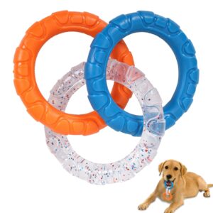 duuclume tpr 3-ring tug dog toy, durable & water resistant dog chew toy for pets training teething, interactive fetch toy for puppy small medium large breeds aggressive chewers (orange & blue)