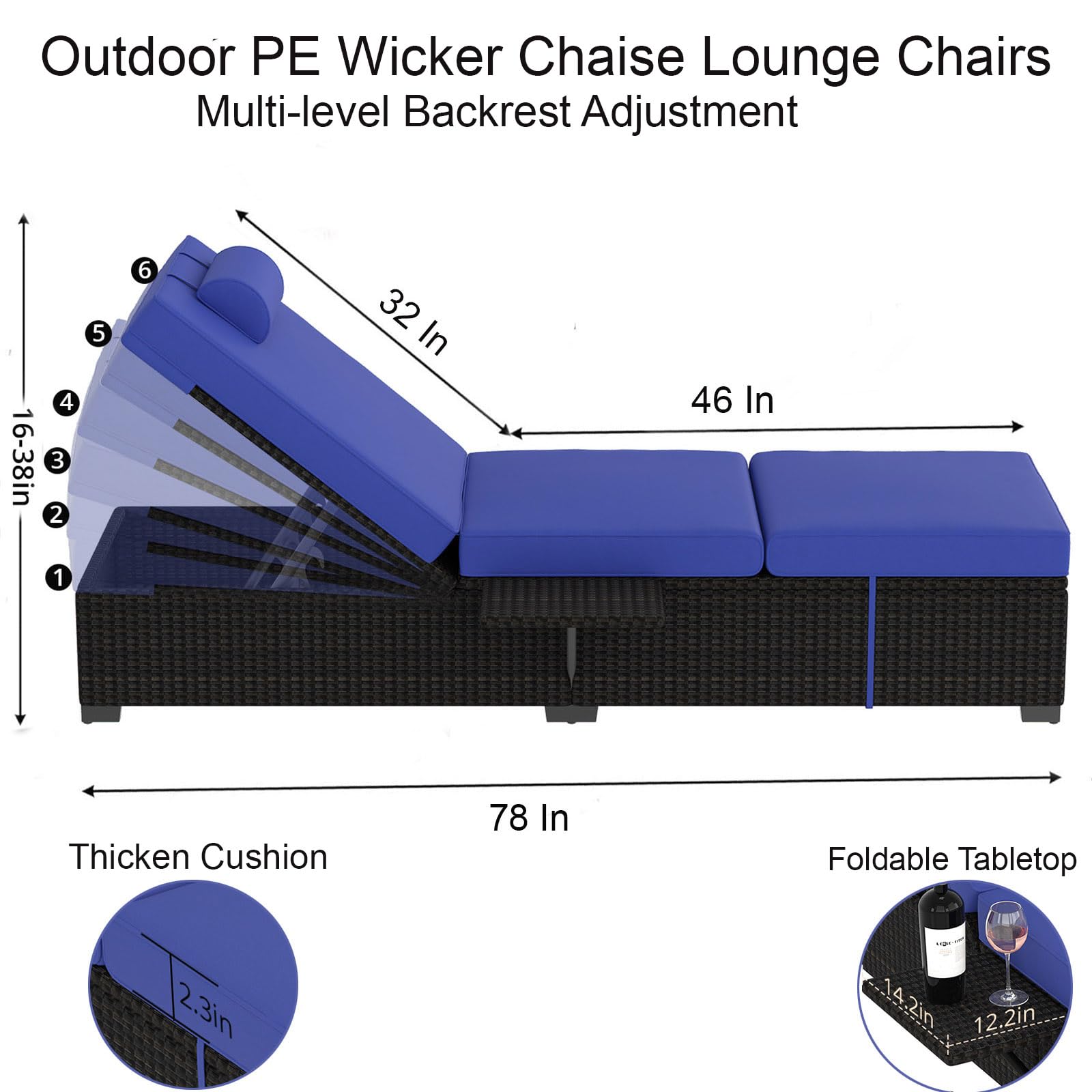 GAOMON Outdoor Chaise Lounge Chairs Set of 2, Patio Chaise Lounges, Patio Brown Rattan Reclining Chair with Thicken Cushion and Adjustable Backrest, Sunbathing Recliners for Outside Pool Patio