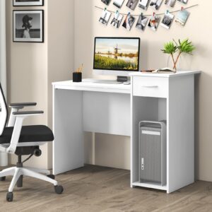 GOFLAME Computer Desk with Drawer, Modern Laptop PC Desk with Adjustable Shelf & Cable Hole, Compact Writing Desk Study Desk with Monitor Stand, Wooden Computer Workstation for Home Office, White