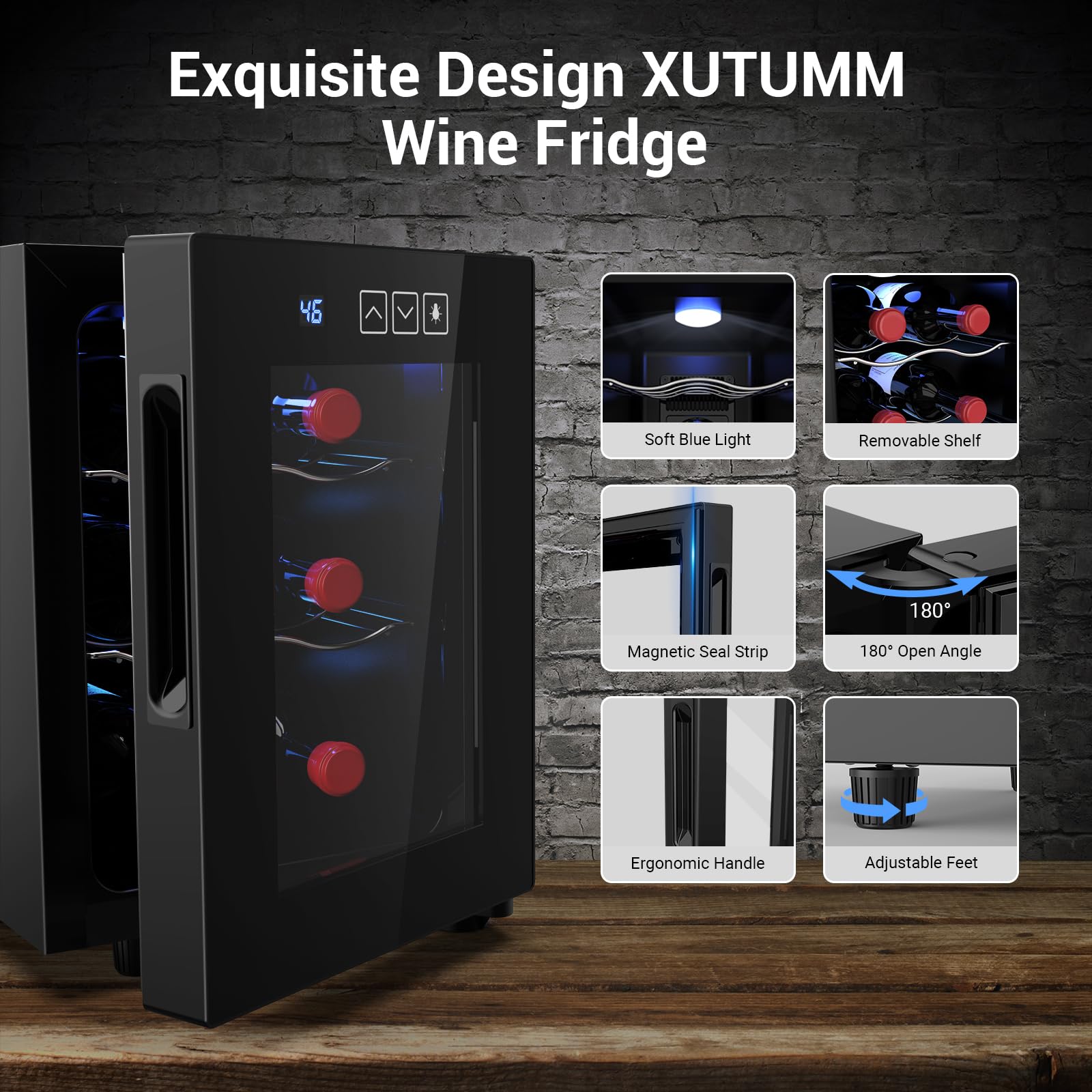 Xutumm Wine Cooler Refrigerator 6 Bottles, Small Wine Fridge with Digital Temperature Control 46-66℉, Countertop Wine Cooler for Wine Enthusiasts