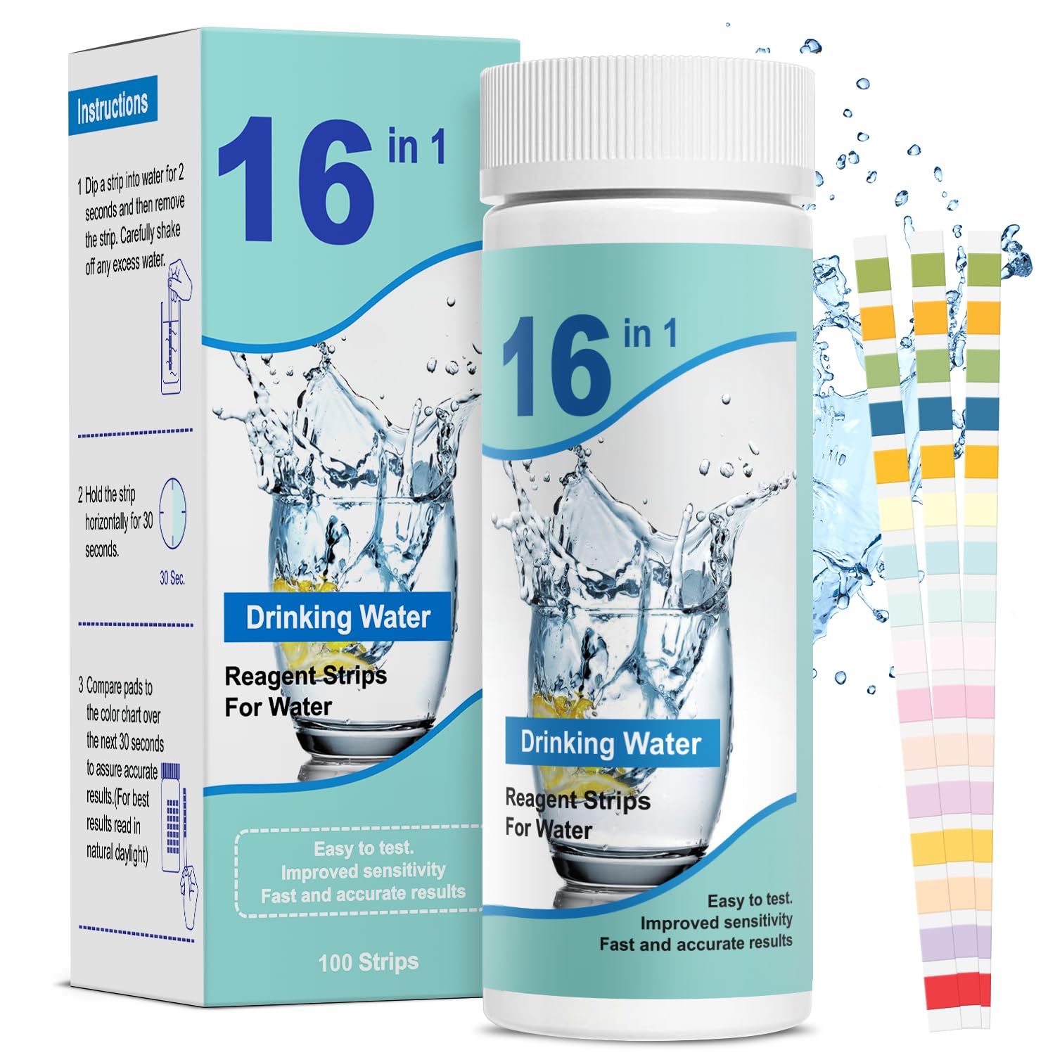 Drinking Water Test Kit Strips: Drinking Water Test Kit - Home Water Testing Kits for Well Tap - Well Water Testing Strips 16 in 1 and 100 Strips for Lead Hardness pH Iron Copper Chlorine and More