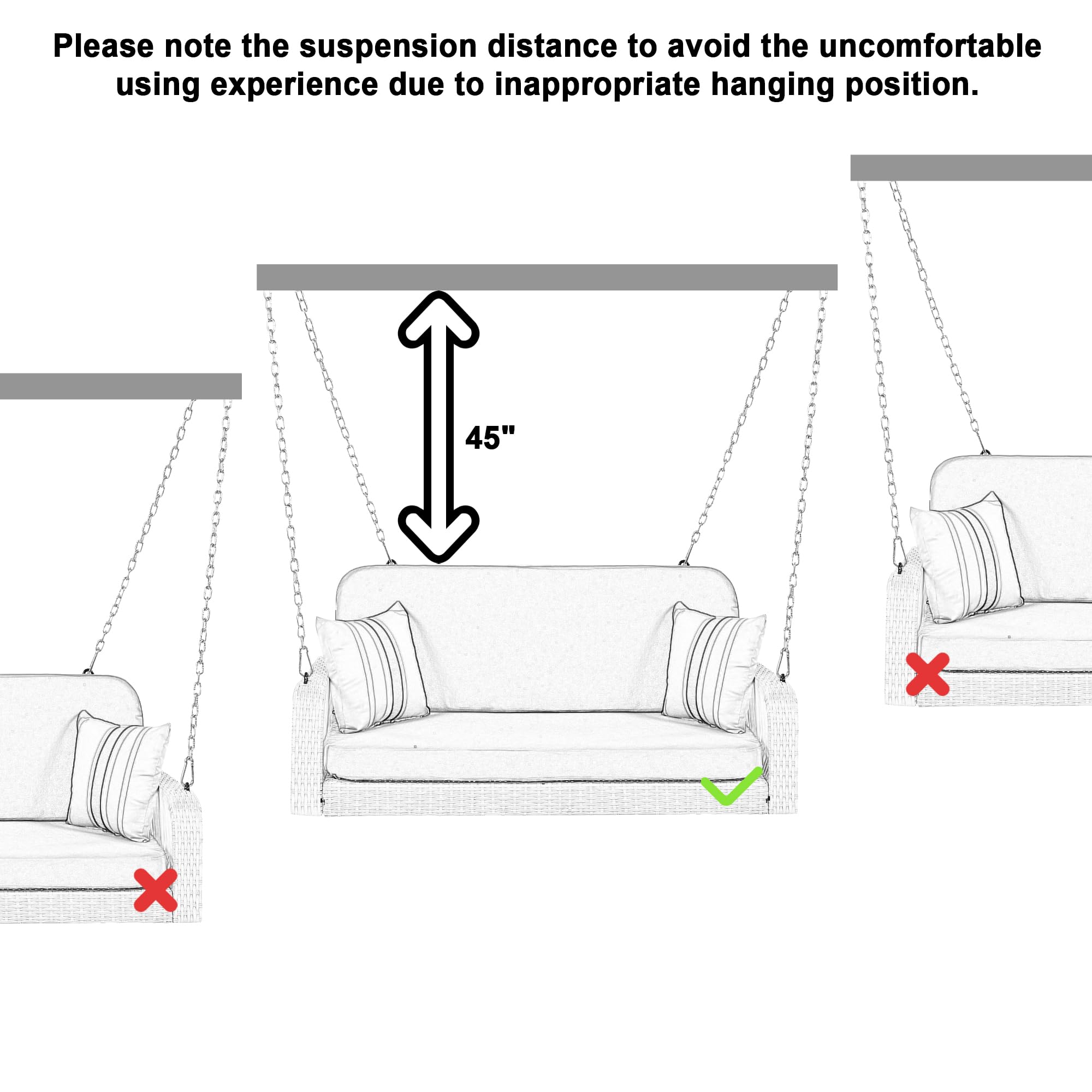 BAMOOLI Porch Swing 2-Seater, 2 Person Wicker Hanging Swing Bench with Chains & Cushions 500 lbs Weight Capacity, Rattan Swing Bench Outdoor Swing, Modern Patio Swing Chair for Garden, Backyard, Beige