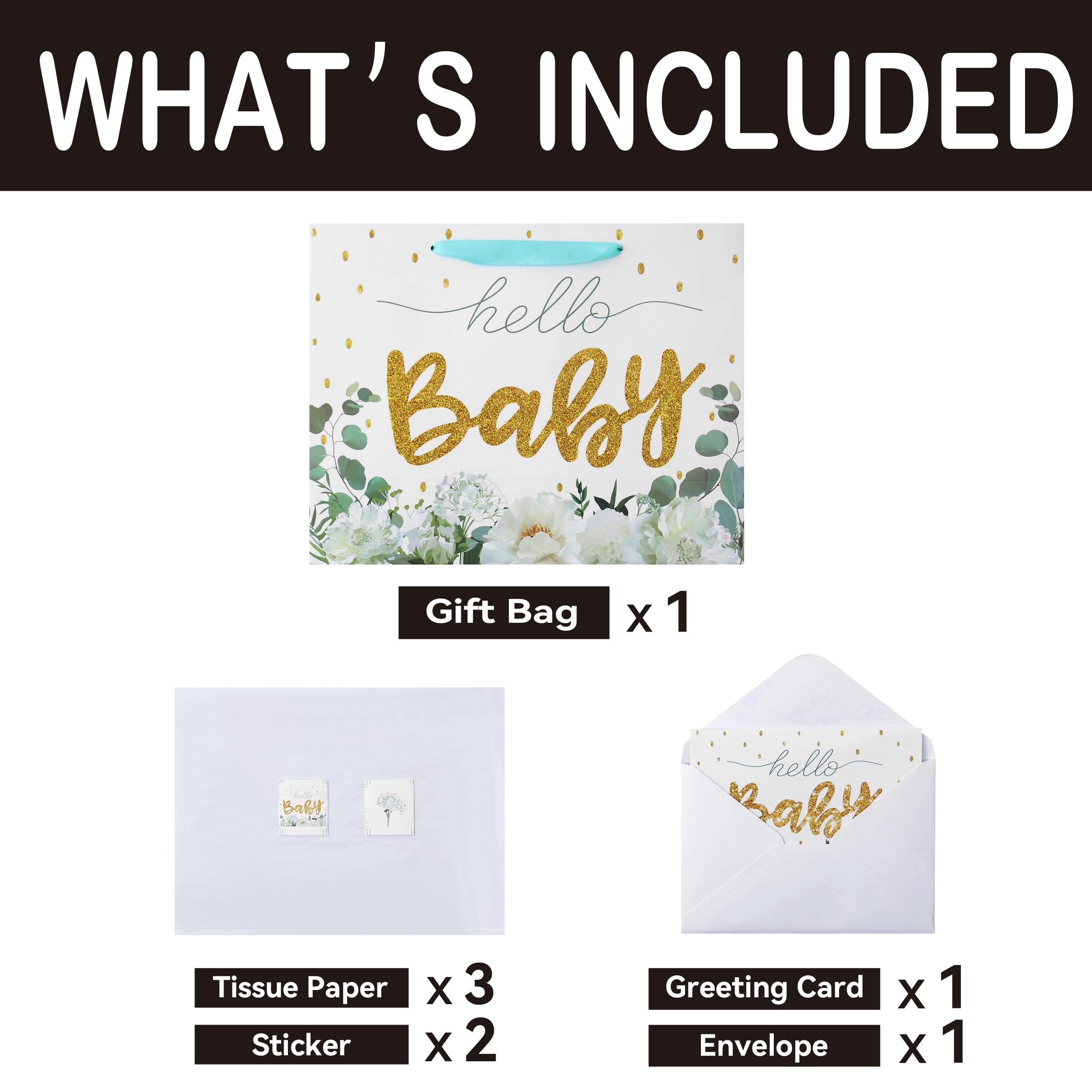 16.5" Extra Large White Gift Bag Set with Greeting Card and Tissue Papers (Gold Glitter ‘Baby’) for Baby Shower, Baby Girl or Boy, Girls' Birthday Party, Women's Birthday Parties - 16.5”x5.5”x12.6”, 1 Pcs.