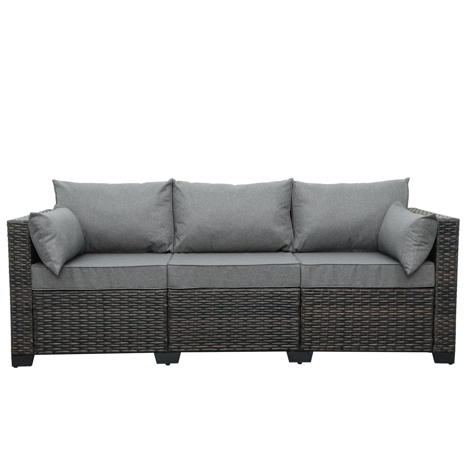 3-Seat Patio PE Wicker Couch Furniture Outdoor Brown Rattan Sofa with Washable Cushions(Grey)