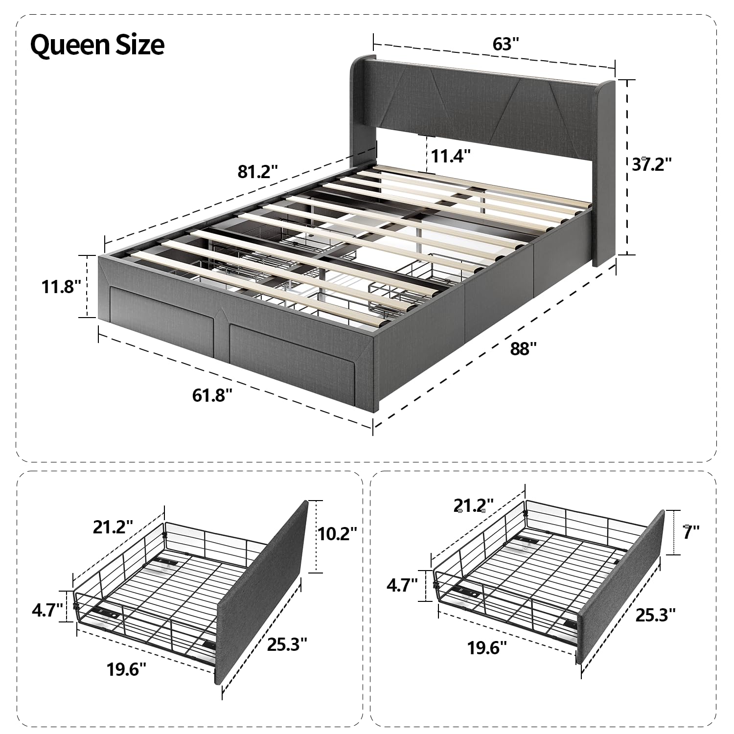 VOWNER Queen Bed Frame with Storage Headboard & 4 Drawers, LED Upholstered Bed Frame with Charging Station, Wood Slats Support No Box Spring Needed, Dark Grey