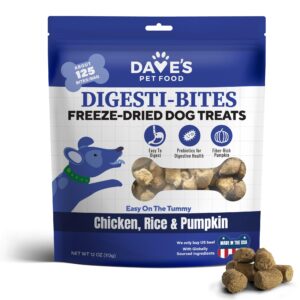 dave's pet food digesti-bites easy to digest freeze dried chicken dog treats with pumpkin fiber & probiotics, complete & balanced nutritious, freeze dried dog food topper, usa made (12 oz)