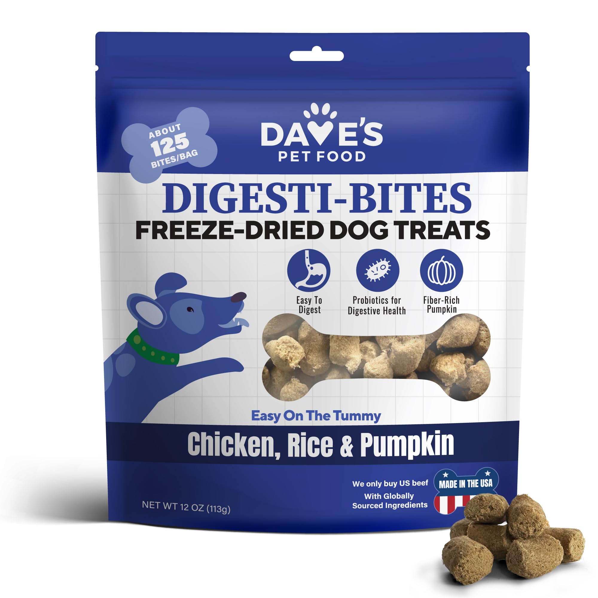 Dave's Pet Food Digesti-Bites Easy to Digest Freeze Dried Chicken Dog Treats with Pumpkin Fiber & Probiotics, Complete & Balanced Nutritious, Freeze Dried Dog Food Topper, USA Made (12 oz)