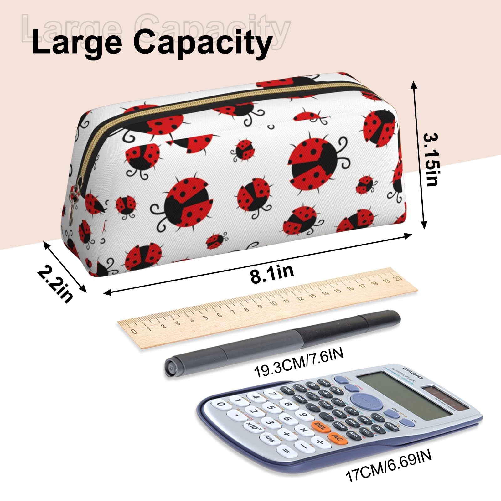 WOBAGMEN Ladybug Pencil Case Cute Leather Zipper Pencil Pouch Pencil Bag Multifunctional Stationery Bag for Boys Girls Women Back to School Gifts