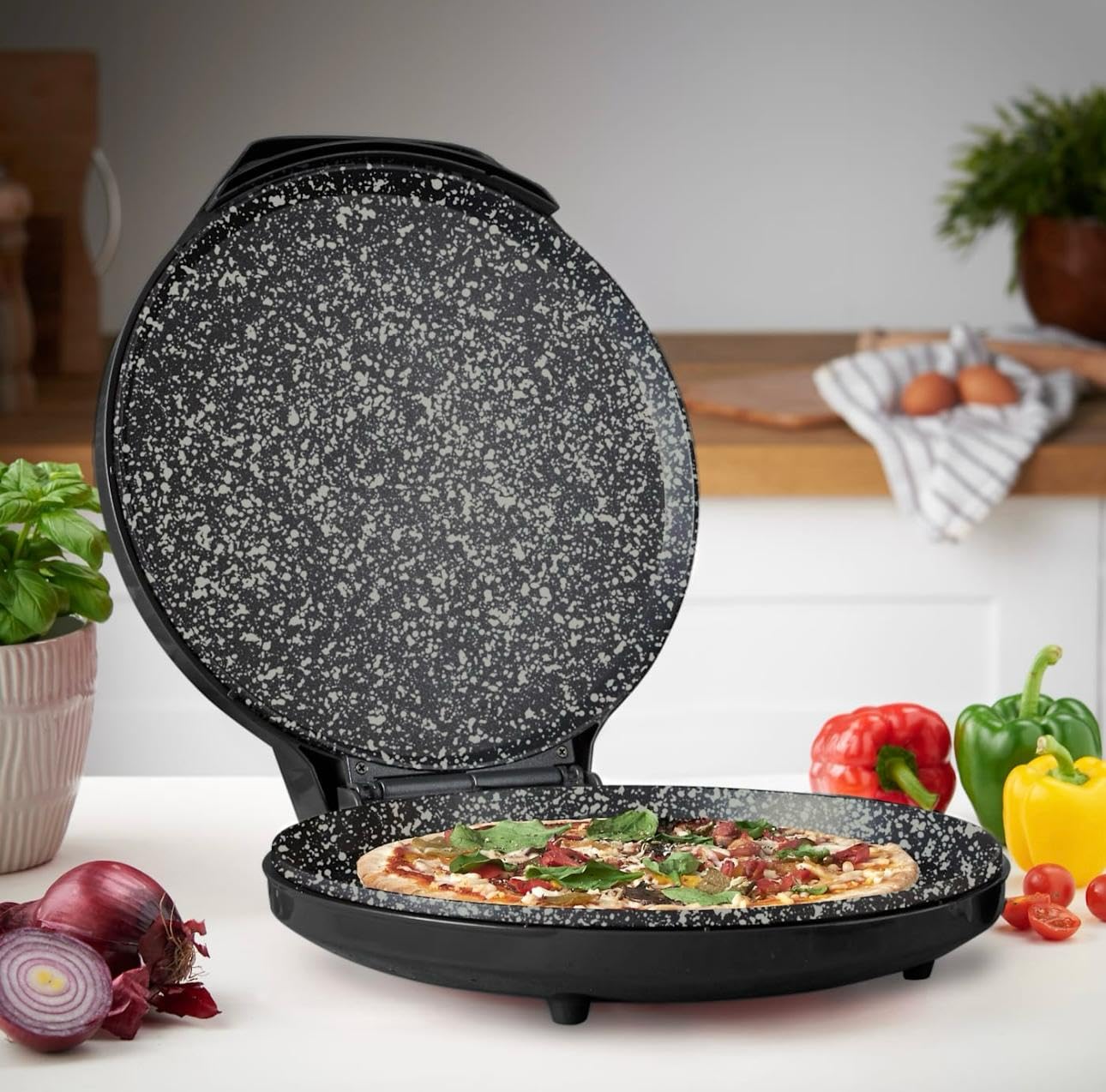 MisterChef Countertop Pizza Maker, 1450W Mini Pizza Oven, Pizza Maker Oven With 12″ Non-Stick Ceramic Plate, Indoor Electric Pizza Oven for Crepes, Pancakes - Black