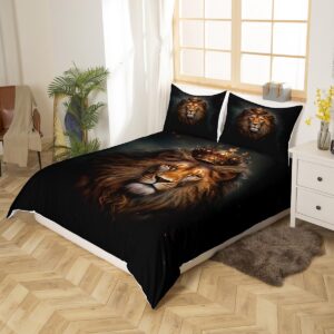 Comforter Cover Full Size, King Lion Golden Print Bedding Set Black 3D Lion Animal Print Duvet Cover, Crown Lion African Wildlife Bedspread Cover for Kids and Adults Baby Boy Gifts