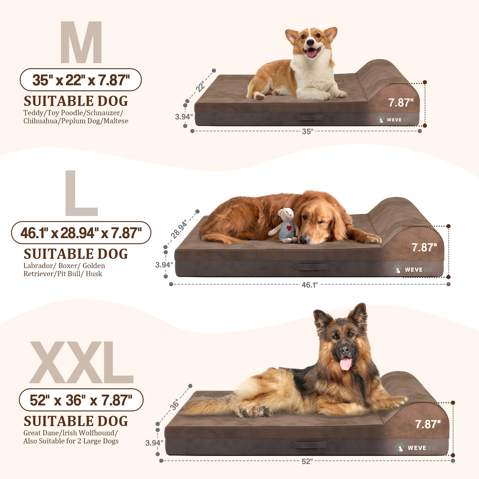 WEVEGO Jumbo Orthopedic Dog Bed, Large Dog Bed 7.87-inch Thick Gel Memory Foam with Pillow, Durable Flannel Fabric Dog Beds Large Sized Dog, Removable Cover & Waterproof Liner for Large Breed Dogs