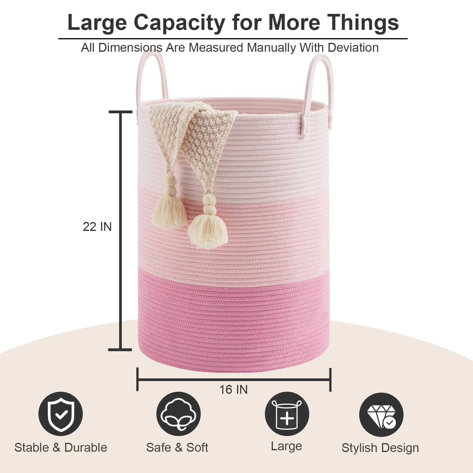 AIMDFWER Woven Rope Laundry Hamper, 72L Tall Cotton Storage Basket for Blanket, Large Boho Dirty Clothes Hamper Bin for Girls Kids Baby Nursery in Living Room - Pink