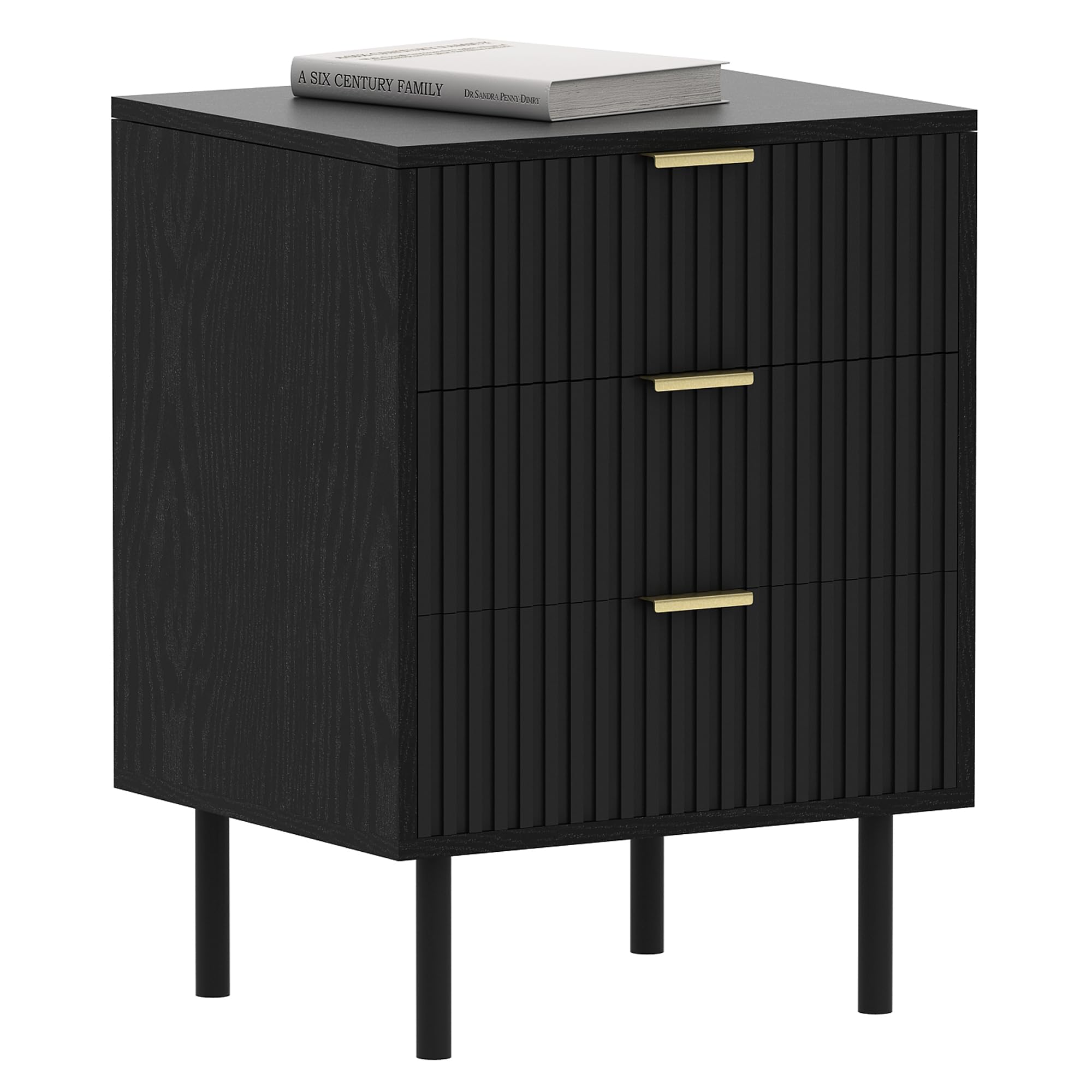 conifferism Fluted Black Nightstand 3 Drawers, 19" Small Bedroom 26" Tall Bedside Night Stand, Mid Century Modern Bed Side Couch End Table Living Room, Light Gold Handle