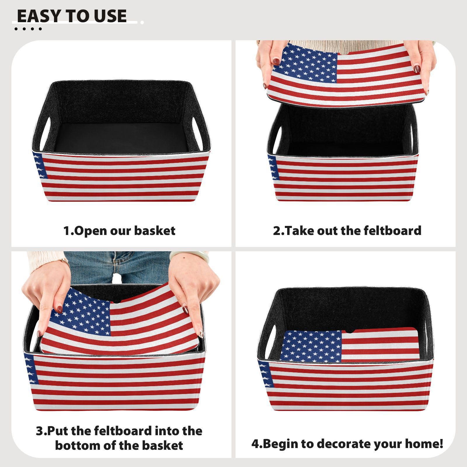 YETTASBIN America Flag Felt Storage Baskets with Handle, Collapsible Open Storage Bin Drawers Storage Box for Shelf Closet Office Bedroom Nursery Home, 2 Pack, g352631406p737c780s1706