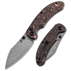 kansept nesstreet button lock pocket folding knives for men edc camping folding knife 3.58'' damascus material pocket folding knife with copper carbon fiber handle everyday carry folding knife k1039f7