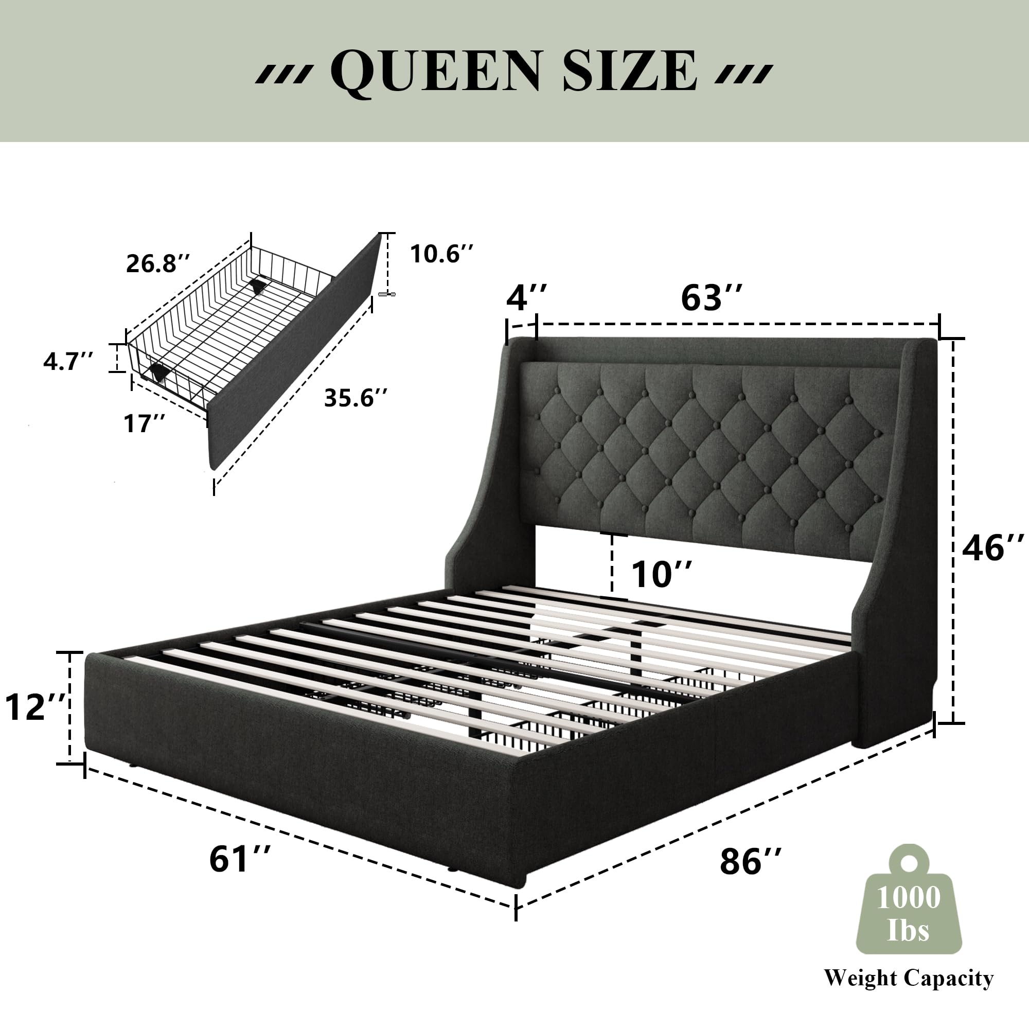 Feonase Queen Bed Frame with 4 Storage Drawers, Upholstered Storage Bed with Charging Station, Tufted Wingback Storage Headboard, No Box Spring Needed, Dark Grey