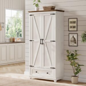 LUXOAK Farmhouse Kitchen Pantry Cabinet, 72" Tall Storage Cabinet with Adjustable Shelves & Barn Doors, Freestanding Kitchen Cupboard for Dining Room, Living Room, Barnwood+White