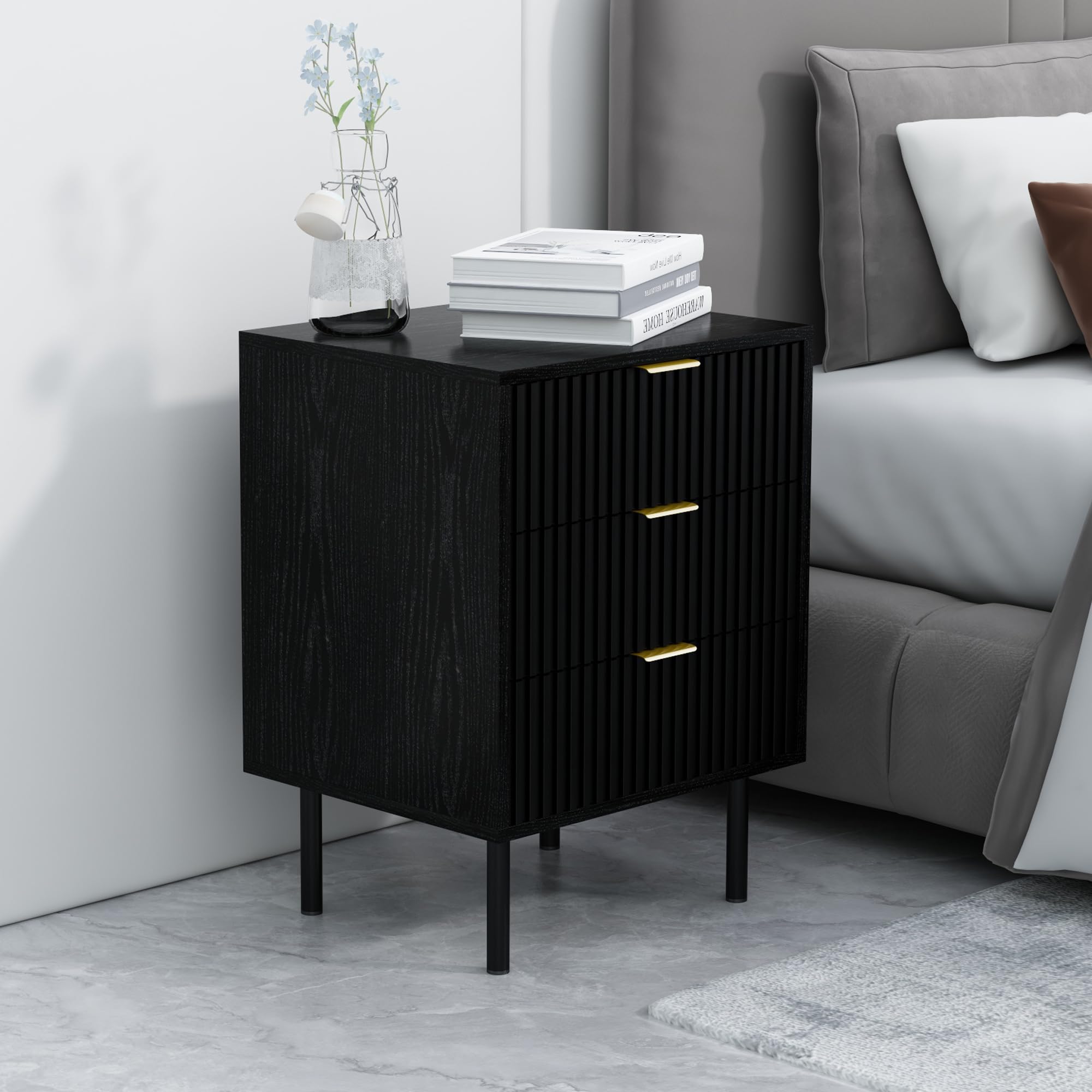 conifferism Fluted Black Nightstand 3 Drawers, 19" Small Bedroom 26" Tall Bedside Night Stand, Mid Century Modern Bed Side Couch End Table Living Room, Light Gold Handle