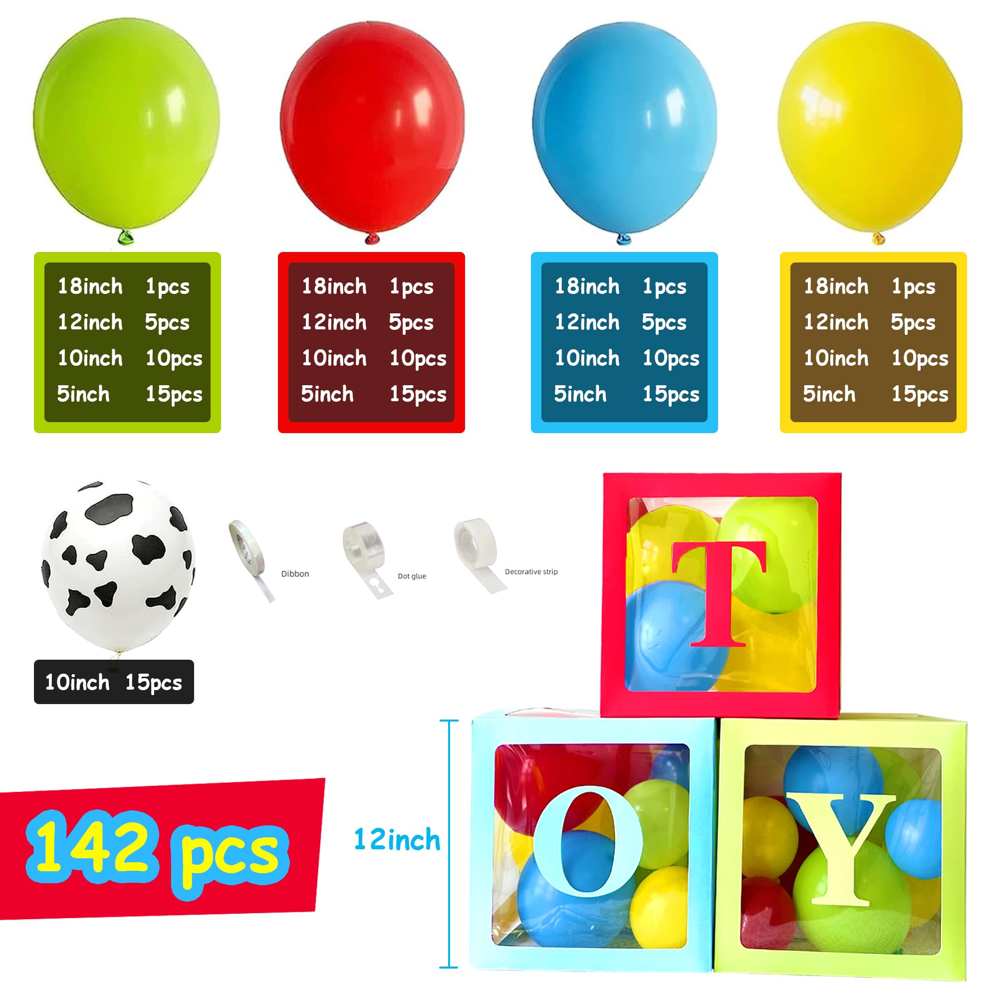 Toy Inspired Story Balloons Arch Kit Big Party Favor Balloon Boxes Cow Balloons Yellow Red Blue Green Latex Balloons for Boy Story Baby Shower Birthday Party Decorations