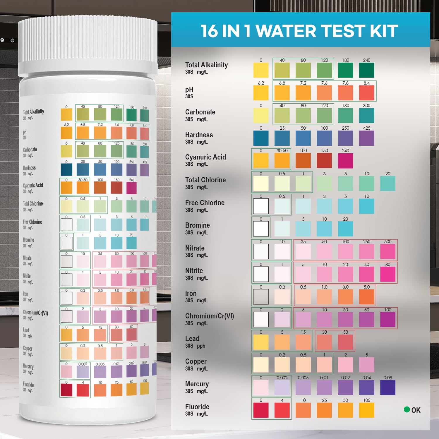 Drinking Water Test Kit Strips: Drinking Water Test Kit - Home Water Testing Kits for Well Tap - Well Water Testing Strips 16 in 1 and 100 Strips for Lead Hardness pH Iron Copper Chlorine and More