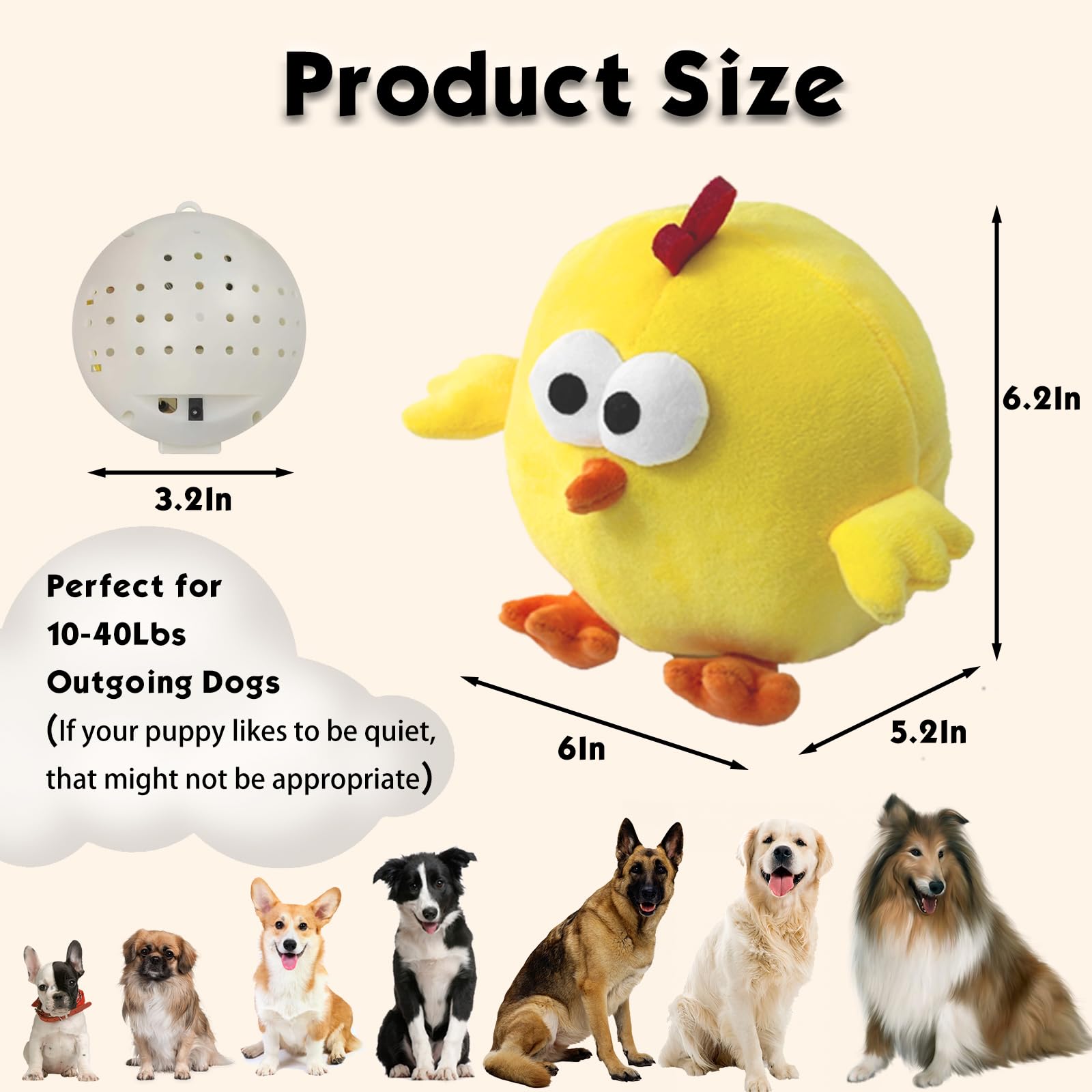 Interactive Dog Toys, Squeaky Dog Toys, Bouncing Interactive Dogs Ball for Boredom, Durable Chewing Chicken Stuffed Animal Plush Toy, Active Self Moving Ball with Music, Rechargeable & Washable