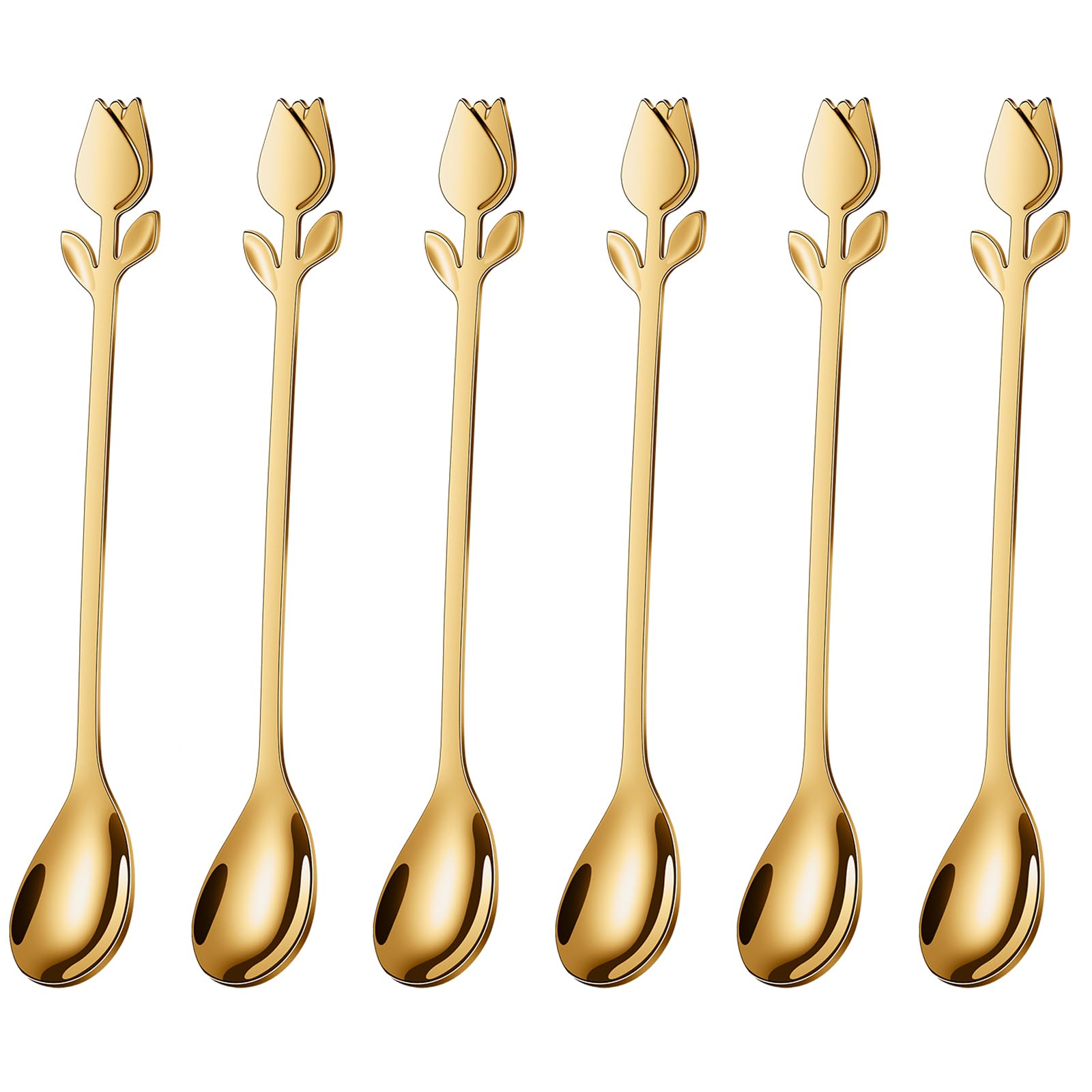 SGVRPVZ Gold Tulip/Rose Handle Tea Spoons 6-Pcs Set - 6" Stainless Steel for Mini Coffee Spoons, Espresso, Dessert - Ideal for Demitasse & Small Servings