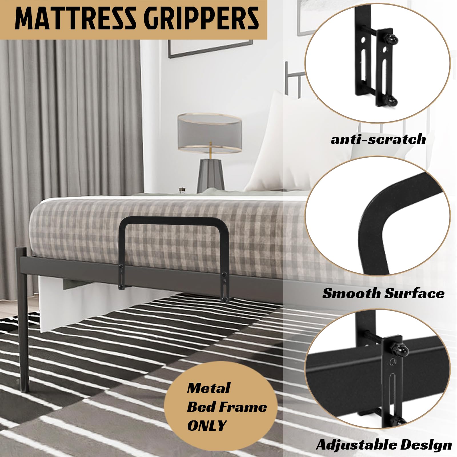 Rioychan Mattress Retainer Bar Keep Mattress Stopper from Sliding, Bed Slide Stopper to Prevent Sliding Holder in Place Non Slip Mattress Gripper Gaskets for Metal Bed Frame - 3 PCS