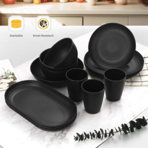 Lazycorner 48-Pcs Kitchen Wheat Straw Dinnerware Set, Service for 8, Plastic Reuasble Dinner Dishes Serving Plate Set for Kitchen, Including Dinner Plate, Dessert Plate, Bowl, Cup(Black)