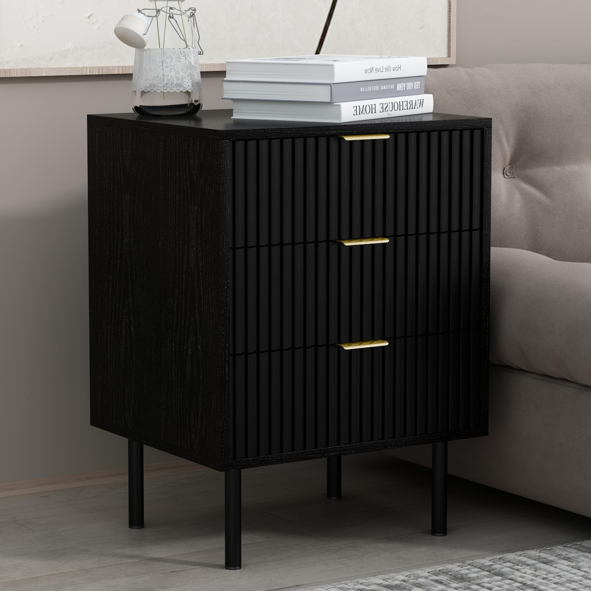 conifferism Fluted Black Nightstand 3 Drawers, 19" Small Bedroom 26" Tall Bedside Night Stand, Mid Century Modern Bed Side Couch End Table Living Room, Light Gold Handle